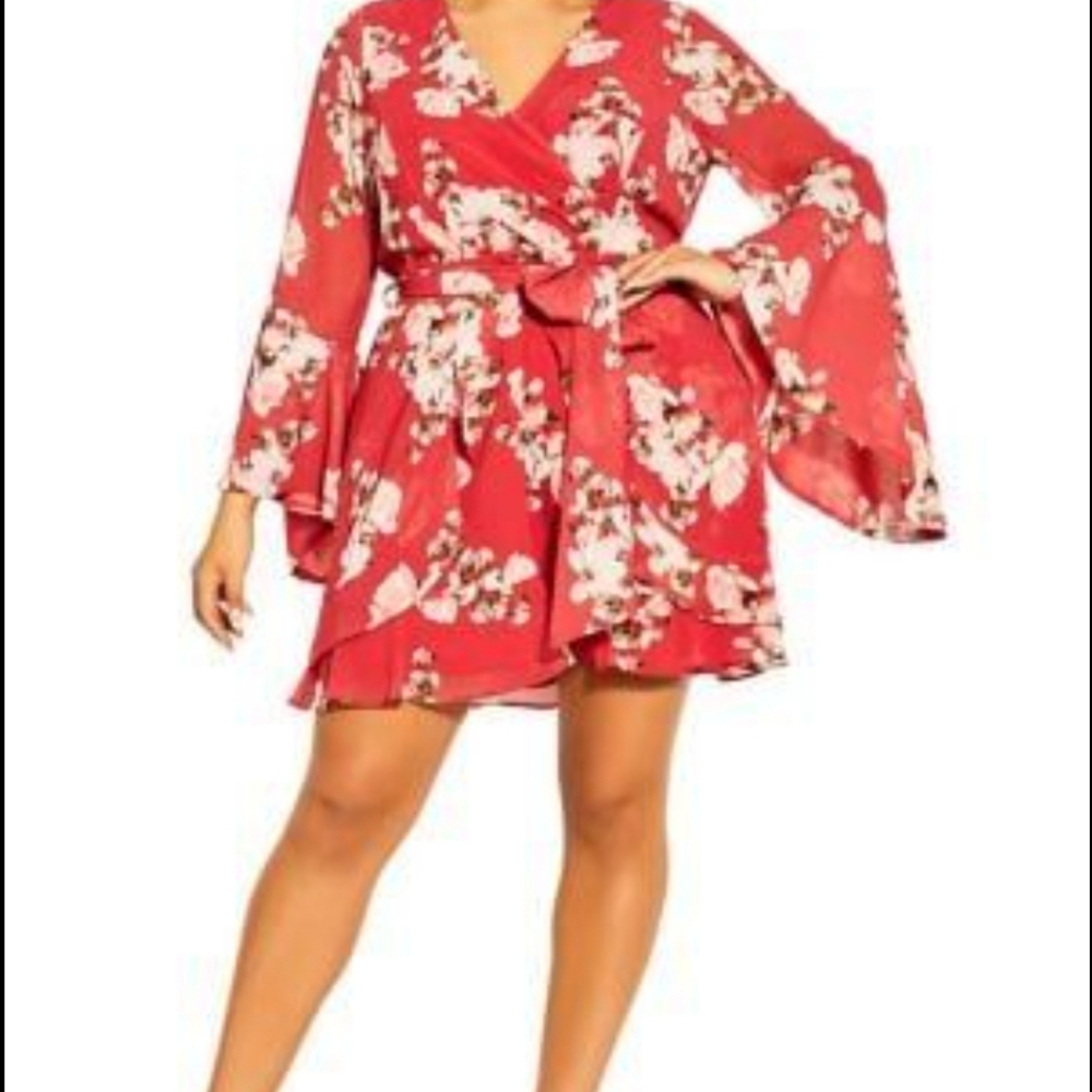 Plus size long sleeve floral wrap dress